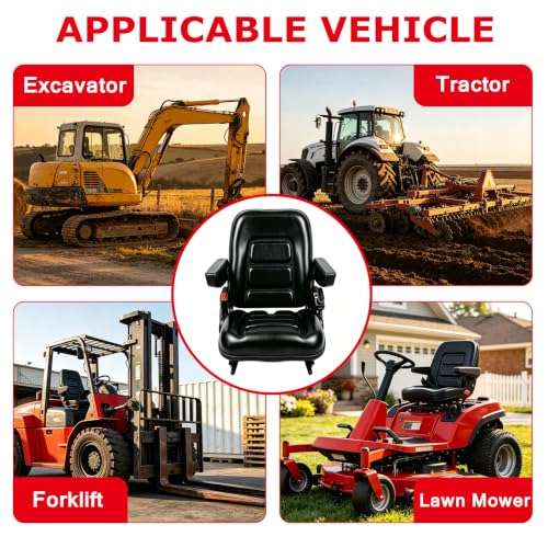 Universal Seat with Micro Switch, Armrest & Safety Belt – Heavy Duty Replacement for Forklift, Tractor, Skid Loader, Telehandler, Backhoe, Excavator, Dozer, Mower