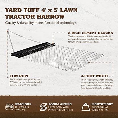 Yard Tuff Steel Drag Harrow/Field Leveler for ATV, UTV & Tractor with Front Tray, 5' x 4'