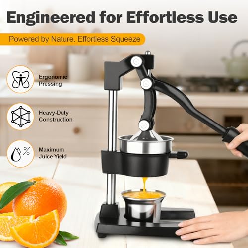 Lemon Squeezer Manual Citrus Juicer Press, Heavy Duty Cast Iron Orange Juicer with Stainless Steel Cone, Commercial Lever Juice Press for Lemon, Lime & Citrus Fruits, Easy to Clean - color: Black