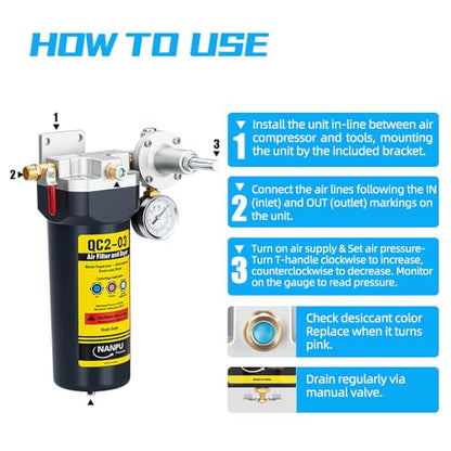 NANPU QC2 1/4" NPT Desiccant Air Dryer with Regulator and Gauge - size: 1/4" NPT