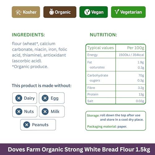 Doves Farm Organic Strong White Bread Flour 3.3 lb / 1.5 kg (Pack of 2) - High Protein British Baking Flour for Bread, Rolls and Sourdoughs | Kosher Certified & Vegan Friendly | Authentic UK Import - size: 52.91 Ounce (Pack of 2)