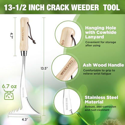 WORKPRO Crack Weeder, 13.5" Stainless Steel Weeding Tool, Wooden Handle