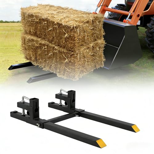 43" Heavy Duty Clamp on Pallet Forks with Adjustable Stabilizer Bar - 2500 LBS Capacity Pallet Fork Attachments for Tractor Bucket, Skid Steer Loader - size: 43"