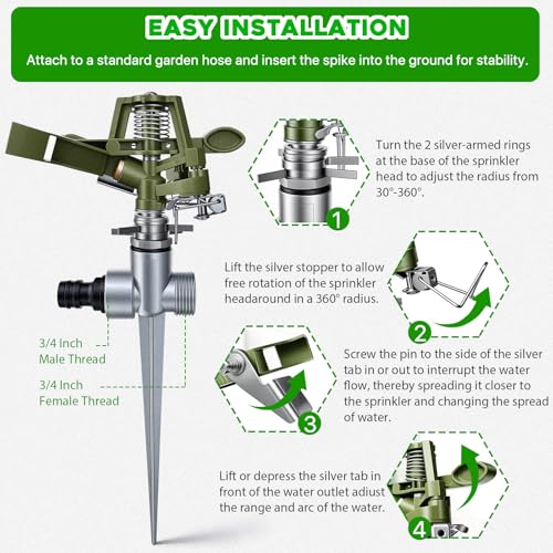 2 Pack Zinc Alloy Impact Lawn Sprinklers with Stand Spike 360° - color: green