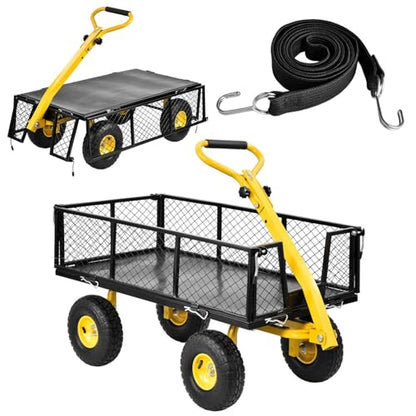 Garden Cart Steel Heavy Duty, 900LBS Capacity, Pullable Metal Yard Lawn Cart with 10 inch Wheels and Handle, Attach to ATV Or Tractor for Gardening Soil Tools Plant Transport, Black