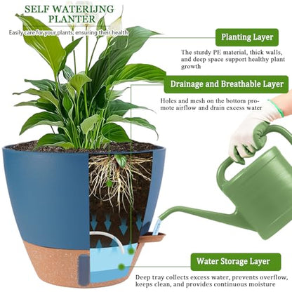 2 Pack 10 inch Plant Pots, Plastic Self Watering Planters - color: Navy Blue, size: 10 inches