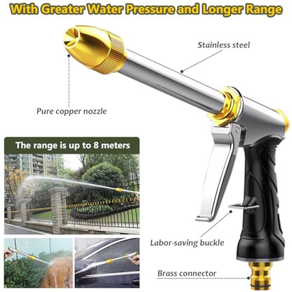 Heavy Duty Garden Hose Nozzle Sprayer - 100% Metal High Pressure Water Gun with Adjustable Spray Modes, Brass Tip & Quick Connectors, Non-Slip Grip for Watering Plants, Lawn, Car Wash & Patio Cleaning