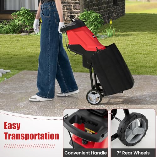 Goplus 15-AMP Electric Wood Chipper, Wood Shredder with Wheels, Safety Locking Knob, Collection Bag, 1.77 Inches Cutting Diameter, Max 15:1 Reduction