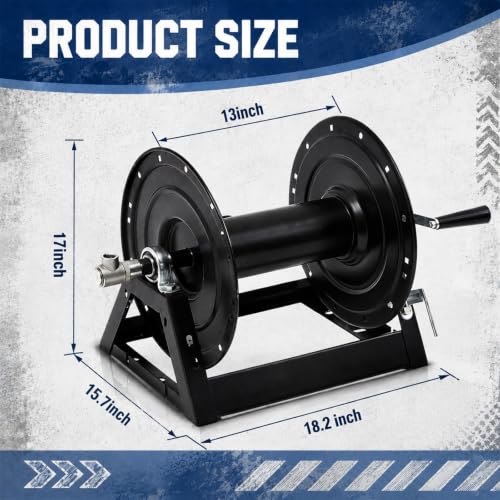 Lounsweer Pressure Washer Hose Reel 3/8" x 300' Steel Manual Crank with Flat Sidewalls, A-frame, Pin Lock and Brake and Stainless Steel Swivel Inlet, 5000 PSI Capacity, 1/2" NPT-F, Black - color: Black