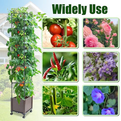 Quibbay Raised Garden Bed Planter Box with Trellis, 74" Self-Watering Tomato Planters for Climbing Plants Vine Flowers Outdoor Patio, Tomatoes Cage with Wheels, 1Pack - size: 5 Floors-11.8*11.8*74IN