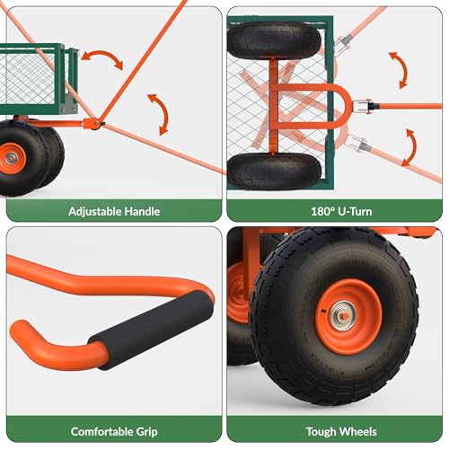 500 LBS Steel Garden Cart, Garden Wagon Cart Pullable on Wheels, Yard Utility Wagon Carts with 10 in Wheels, Removable Sides & 180° Rotating Handle for Lawn, Farm, Warehouse, Outdoor Use - color: 500 Lbs Green & Orange