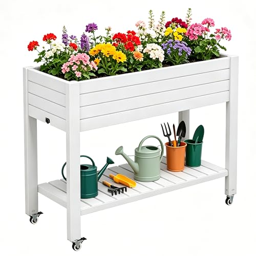 Raised Garden Bed with Shelf, Rolling Resin Planter Box, Ashen - color: Ashen, size: 33.7" H
