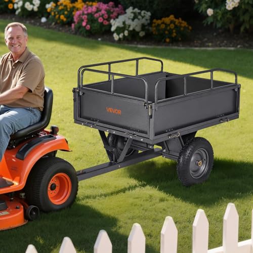 VEVOR 10 Cu.Ft. & 500lbs ATV Trailer Dump Cart Tow Behind, Heavy Duty Utility UTV Trailer, Tow Behind Steel Yard Dump Wagon Cart with 14" Tires for Lawn Mower Tractor - color: Black
