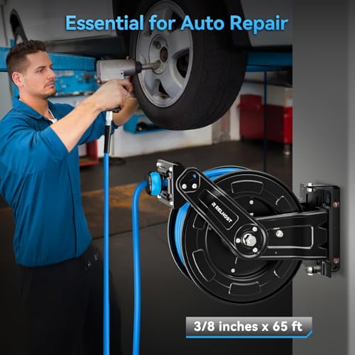 Relhost Retractable Air Hose Reel, 65 ft x 3/8 in Hybrid Air Hose Max 300PSI, Heavy Duty Air Compressor Hose Reel with Dual Arms, Auto Rewind, 180° Swivel Ceiling/Wall Mount for Garages, Workshops - size: 65FT 180° Swivel