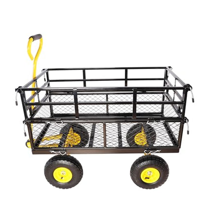 Heavy Duty Garden Wagon with Foldable Sides, Pneumatic Tires, Adjustable Handle (Yellow + Black Double Layer) - color: Yellow + Black Double Layer