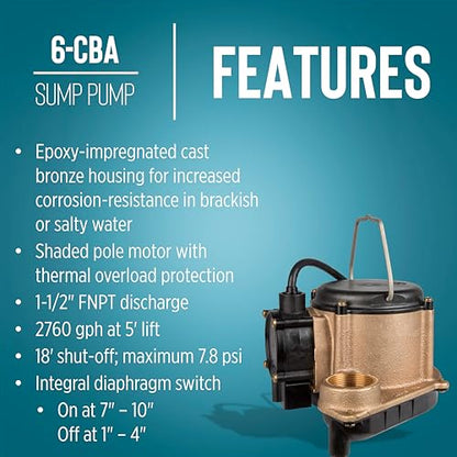 Little Giant 6-CBA 115V, 1/3 HP Bronze Automatic Sump Pump, 10' Cord