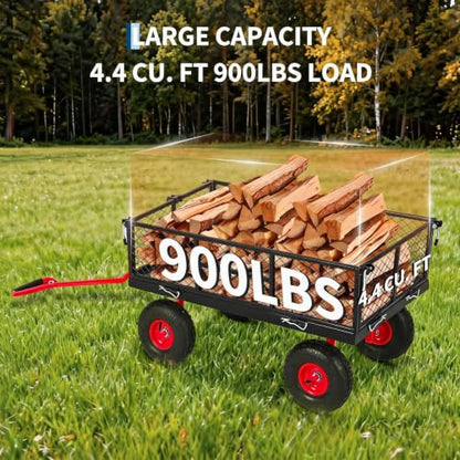 900 Lbs Heavy Duty Steel Garden Cart, Garden Wagon Cart on Wheels, Outdoor Metal Yard Utility Wagon Carts with and Mesh Removable Sides(Convert to Flatbed) and 180°Rotating Handle - color: Yellow, size: 43.5"D x 20.5"W x 21"H