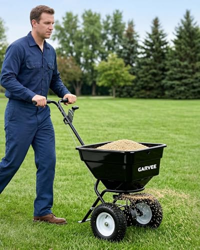 Heavy Duty 80L Tow & Pull Behind Broadcast Spreader, 9.8FT Spreading Width - color: Black 80L