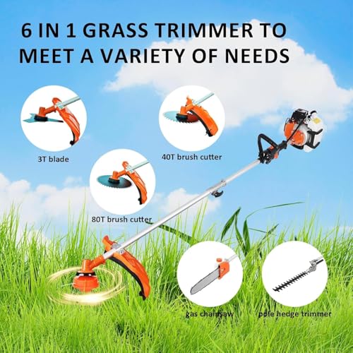 52cc Gas String Trimmer & Pole Saw Combo, 6-in-1 Multi-Functional Weed Eater, Brush Cutter, Lawn Edger, Hedge Trimmer & Chainsaw Pruner, EPA & CE Certified