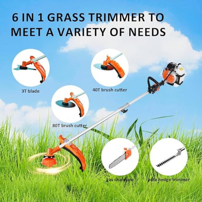 52cc Gas String Trimmer & Pole Saw Combo, 6-in-1 Multi-Functional Weed Eater, Brush Cutter, Lawn Edger, Hedge Trimmer & Chainsaw Pruner, EPA & CE Certified