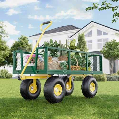 Heavy Duty 900 Lbs Capacity Mesh Steel Garden Cart Folding Utility Wagon with Removable Sides & 180° Rotating Handle for Garden, Lawn, Warehouse, Farm - color: 900lbs Green + Yellow