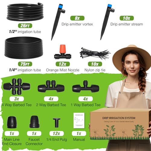 MIXC Greenhouse Micro Drip Irrigation Kit Automatic Irrigation System Patio Misting Plant Watering System with 1/4 inch 1/2 inch Irrigation Tubing Hose Adjustable Nozzle Emitters Barbed Fittings - size: (Upgraded) 26FT Main Tube+75FT 1/4'' Tube