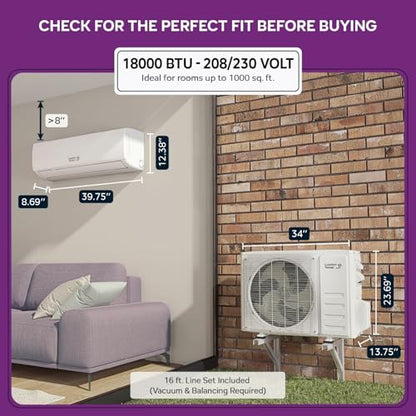 Comfort Temps Energy-Saving 18000 BTU / 230V Mini Split AC/Heating System – 21 SEER, Pre-Charged, Quiet & Comfortable Mini Split with WiFi & Complete Easy Install Kit (Elite Series)