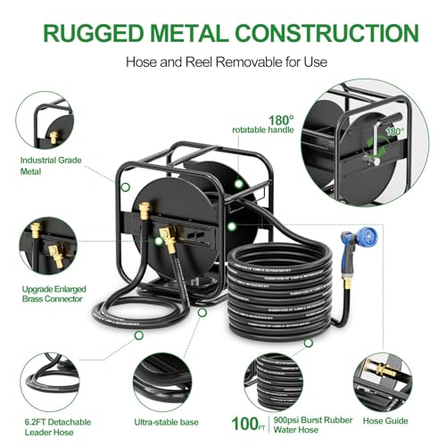 SPECILITE Garden Hose Reel With 100Ft Water Hose, 360° Rotation Frame - size: Rubber 100FT