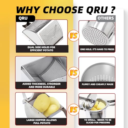 QRU Large Potato Ricer, Heavy Duty Stainless Steel Potato Masher for Commercial and Home Use, Fruit Press Baby Food Masher (Silver) - color: Silver