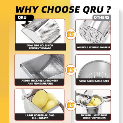QRU Large Potato Ricer, Heavy Duty Stainless Steel Potato Masher for Commercial and Home Use, Fruit Press Baby Food Masher (Silver) - color: Silver