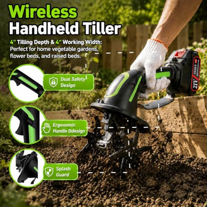 Mini Cordless Tiller Cultivator, 21V Electric Hand Tiller for Gardening