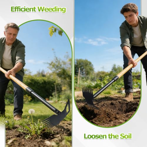 60" Wood Handle Weed Puller Tool, 7-Tine Garden Hoe, Secure Fit, No Bending - size: 7-tooth wooden handle