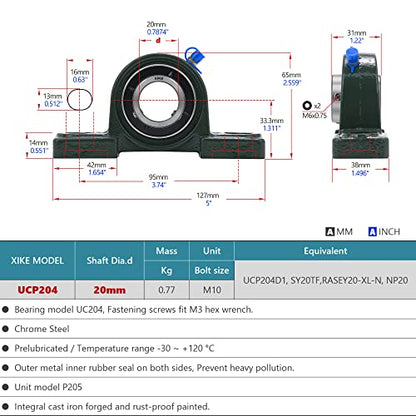 XIKE 2 Pcs UCP204 Bore 20 mm Pillow Block Mounted Ball Bearings. - size: UCP204 Bore 3/4"