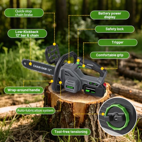 12" Cordless Electric Chainsaw with Brushless Motor, 2x4.0Ah Battery