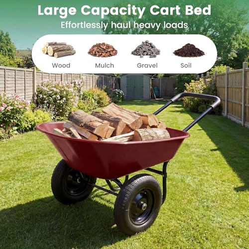 S AFSTAR Wheelbarrow Cart, Heavy Duty Garden Cart with Two 14-inch Pneumatic Tires, Utility Cart for Outdoor Lawn Yard Farm Ranch (Red) - color: Red