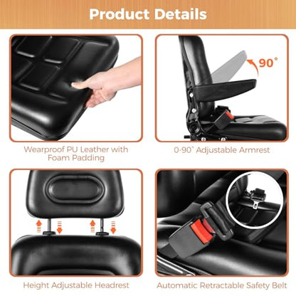 yeesport Universal Forklift Seat, Tractor Mower Seat with Headrest & Belt