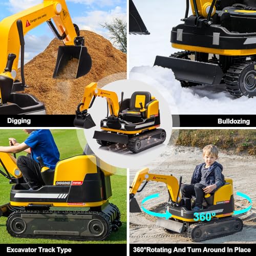 JOYLDIAS 360 Degree Rotating Ride On Excavator and Bulldozer - color: Yellow