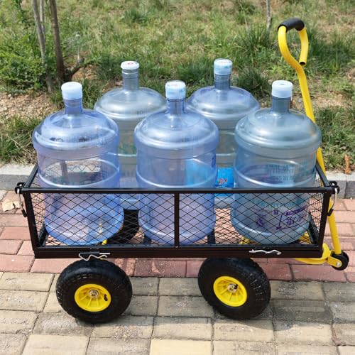 Steel Garden Cart, 2-in-1 600 lbs Heavy Duty Utility Wagon, with Removable Mesh Sides to Convert into Flatbed, 240° U-Turn 10" Pneumatic Tires Garden Wagon for Farm Yard Lawn Garden Camping (Yellow) - color: Yellow