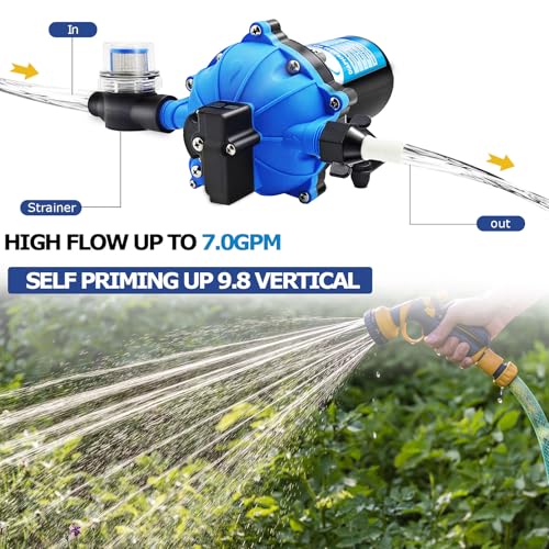 12V DC RV Fresh Water Pump, 7.0GPM 75PSI, Five Chamber Self-Priming Diaphragm Pump with Heavy-Duty Pressure Switch and Filter, Ideal for RVs, Yachts, Farmland, and Garden Irrigation, Camping
