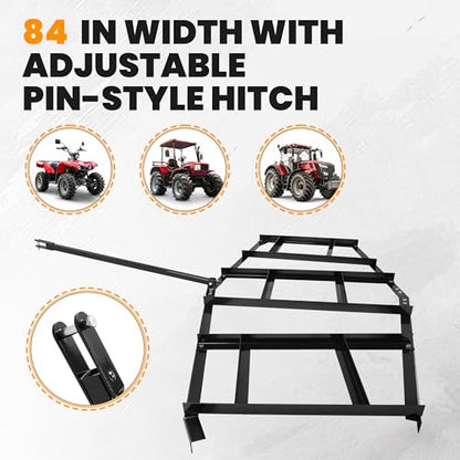 ECOTRIC 84 in Width Drag Harrow Heavy Duty Compatible with ATV UTV and Garden Tractor Tow Behind Landscape Drag Driveway Grader with Adjustable Pin-Style Hitch Steel Powder Coated Black