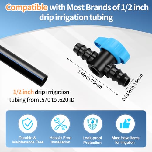 12 Pack Drip Irrigation 1/2 Inch Barbed Shut Off Valve, Drip Line 1/2" In-Line Ball Valve Parts for 1/2 Inch 16mm Drip Irrigation Tubing (.570-.620" ID) for Drip Sprinkler Systems - size: 1/2" Barbed Valve-12P