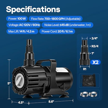 VIVOHOME 100W Pond Pump, 700-1800GPH Adjustable Flow Submersible Water Pump - size: 700-1800GPH