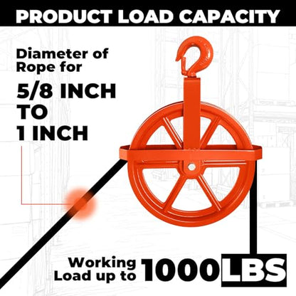 POPMOON 12-Inch Scaffold Hoist Pulley Iron Wheel with Ladder Hooks 1000 lbs
