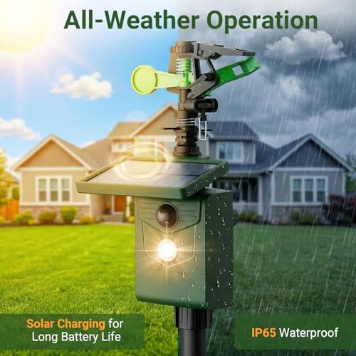 Solar Motion Sensor Deer Repellent Sprinkler Animal Deterrent Solar Cat Repeller with Motion Activated Sprinklers for Animal 2 Packs Flashing Lights Dog Racoon Squirrel for Lawn Garden Farmland