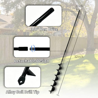TCBWFY 2x32 Inch Auger Drill Bit for Planting - Long Handle Easy Planter Garden Auger - Bulb & Bedding Plant Augers - Post Hole Digger for 3/8”Hex Drive - size: 2"x32"
