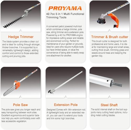PROYAMA 42.7cc 5 in 1 Gas Powered Hedge Trimmer, Weed Eater, Pole Saw
