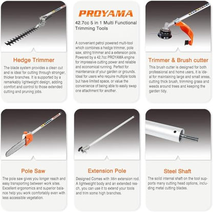 PROYAMA 42.7cc 5 in 1 Gas Powered Hedge Trimmer, Weed Eater, Pole Saw