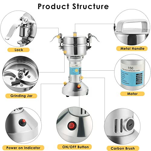 MYFULLY Electric Grain Mill Grinder 150g High Speed Stainless Steel