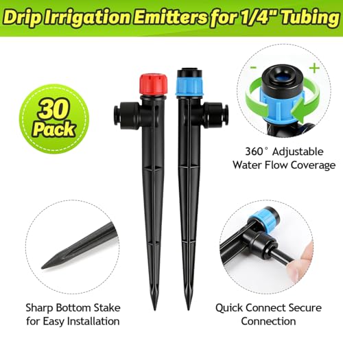 30 Pack Quick Connect Drip Emitters Set for 1/4" Irrigation Tubing, Adjustable 360 Degree Water Flow Irrigation Sprayer 15pcs Vortex Emitter+ 15pcs Stream Dripper for Garden Watering System - color: Push Emitters-30P