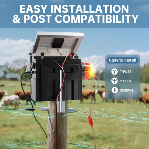 Solar Fence Charger with Warning Light, Briidea 1.2 Joule 10 Miles Solar Electric Fence Energizer, Dual Power Supply (Solar & AC Adapter), IP64 Waterproof for Livestock, Gardens, Pastures & Wildlife